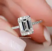 3CT Emerald Cut Lab Created Moissanite Hidden Halo Wedding Ring 14K White Gold