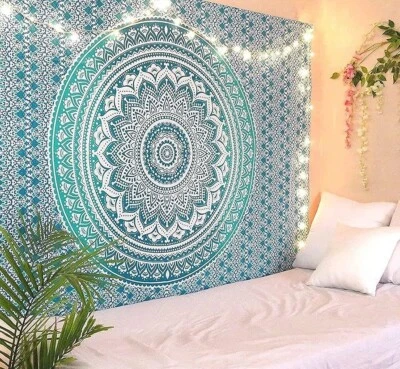 Amazing Blue /Green and White Mandala Cotton Tapestry Wall Hanging Hippie