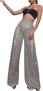 [bawilom] Sequin Pants for Women Plus Size High Waisted Wide Leg Sparkle Bling Trousers Baggy Pants Night Out Clubwear Party