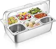 Ziliny Countertop Food Serving Display Container and Clear Roll Top Cover Stainless Steel Food Serving Tray Buffet Condiment Dispenser Display Rack for Restaurant Hotel Kitchen Party (7 Pan)