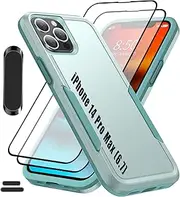 LMDAMZ for iPhone 14 Pro Max 6.7 Inch Double Layer Hybrid Military Grade Rugged Shock Resistant Drop Case with 1 PCS Magnetic Car Mount and 2 PCS HD Tempered Glass Screen Protector (Green)