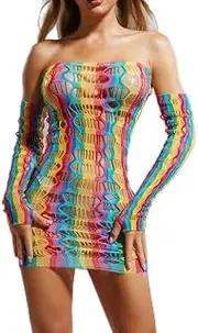 [sodknow] Rainbow Fishnet Bodystockings Mesh Bodysuit Elastic Lingerie Rave Party Bodysuit for Women and Girls Lingerie for Women Bodycon Nightclub Dress Fishnet Chemise with Sleeve, Rainbow, One Size