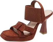 [QEEFXLQI] High Heels Women's high Heel Sandals Square Toe Open Toe Stiletto Thick Bottom high Heel Sandals Women(Brown9cm,38)