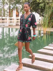 V&A I Love & Roses Black Floral Printed Kimono Sleeve Belted Playsuit (AW0392) | $136