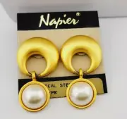 Napier Pierced Earrings Brushed Gold Tone Open Circle Dangle Faux Pearl