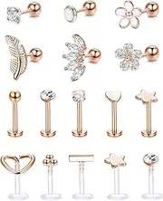 [Kakonia] Forward Helix Cartilage Tragus Earrings Stud Stainless Steel Acrylic Clear Lip Nose Rings Labret Studs CZ Flowers Leaf Opal Barbell Helix Cartilage Earring Monroe Piercing Jewelry 16G