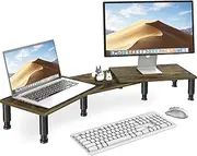 Dual Monitor Stand Riser, Monitor Stand with Adjustable Length and Angle, Wood Monitor Stand for Desk, Monitor Riser for 2 Monitors with Storage Space