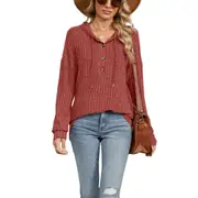 Women's Drawstring Hoodie Button-up Top - Brick Red