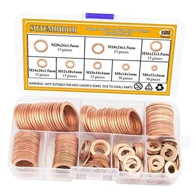 150PCS 8 Sizes Copper Metric Sealing Washers Flat Washers Assortment Kit