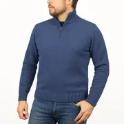 100% SHETLAND RAGG WOOL Half Zip Up Knit JUMPER Pullover Mens Sweater Knitted in Sky