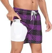 [GuoChe] Men's Swim Trunks Men Lined Running Shorts Black Plaid Scotland Purple Phone Pocket Swimming Board Shorts Quick Dry