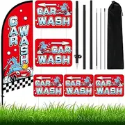 Fanfanwin Car Wash Feather Flag Pole Kit Include 7 ft Banner Flag with Poles 5 Pcs Car Wash Sign and 10 Pcs Ground Stake for Outside Business Stores Shops Decoration