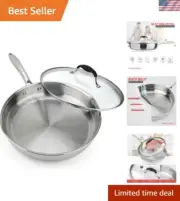 18/10 12 Inch Stainless Steel Frying Pan with Lid, Side Spouts, Induction Pan...