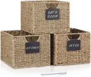 Seagrass Storage Baskets with Labels, 10.5X9X7.5In Wicker Storage Basket, Storag