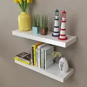 2 White MDF Floating Wall Display Shelves Book/DVD Storage Wall Decor