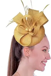 [Coolwife] Fascinators Sinamay Hat Womens Feather Pillbox Derby Tea Party Hat, A Gold, One Size