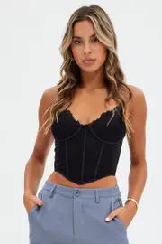 Black Corset Singlet Sleeveless Scoop Neck Lace - Size 14, Women's Cami