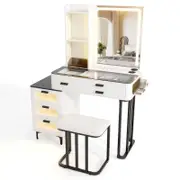 Costway Dressing Table Stool Set Glass Tabletop Makeup Vanity Desk 6 Drawers