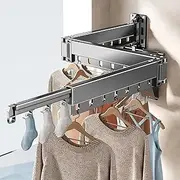 Wall Mounted Clothes Drying Rack, Tri Folding Drying Rack for Laundry Wall, Retractable and Foldable Drying Rack Clothing, Space Saver Clothes Hanger with 21 Windproof Hooks and Storage Rod (Grey)
