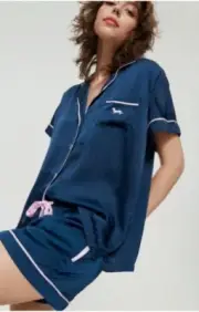 BNWT PETER ALEXANDER LADIES NAVY SATIN WITH PINK TRIM SHORTIE SET SIZE M