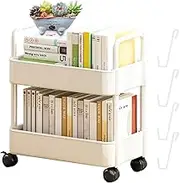Mobile Book Cart PP Bookcart with 2 Tiers, Practical Bookcase with 360 Degree Swivel Wheel, Multifunctional Mobile Cart Organizer for Bedroom and Living Room