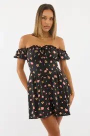 Black Ditsy Fit And Flare Dress Mini - Size 12M, Women's Skater Dress