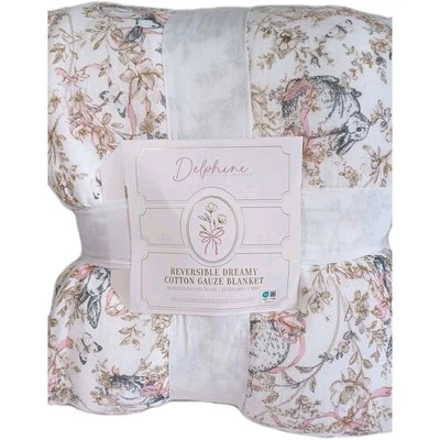 Delphine Reversible Cotton Gauze Blanket 90”x90” Reverse to Plush, Bunny
