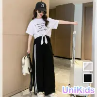 在飛比找momo購物網優惠-【UniKids】中大童裝2件套系帶短袖T恤休閒闊腿長褲 女