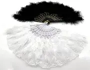 Jingsen 2-Pack Lace Feather Folding Fan - Artificial Feathers Hand Fan for Cheongsam Show, Wedding, Halloween & Christmas Party Props, Chinese Style Classical Dance Fan (Black+White)