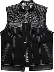 [PLANIFLEX] CSCDD Club Leather Vest Men Cowhide Denim Patchwork Waistcoat of Anarchy Biker Vests Man Sleeveless Jacket