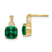 14k Yellow Gold Checkerboard Created Emerald and Real Diamond Earrings