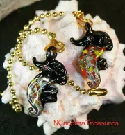 GLASS CEILING FAN CHAIN SWITCH PULL BLACK MULTICOLORED SEAHORSE SMALL PAIR S981
