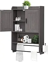 Liampoo Wood Bathroom Wall Cabinet, Medicine Cabinet Organizer with Doors and Adjustable Shelves, Over The Toilet Storage Cabinet with Towel Bar, Multipurpose Storage Cabinet for Bathroom, Living Room