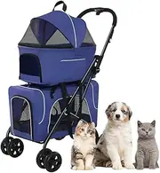 Double Pet Stroller Cat Dog Pram Breathable Travel Carrier, 4 Wheel Pet Dog Stroller Pushchair Lightweight Pet Strollers for Dogs and Cats, Great for Twin Or Multiple(Blue)
