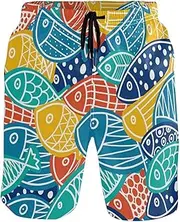 [GuoChe] Swim Trunks for Mens Colorful Hawaiian Fish Coastal Blue Quick Dry Bathing Suits Board Shorts Mens Swim Trunk Mesh
