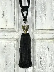 Pair 2 pieces Curtain Tie Backs - 30cm Tassel with Glass Top and Ribbons - Black