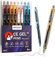 WRITECH Fine Point Gel Pens: 0.5mm Fine Point Black Ink 8ct Big Volume Silent Click Pen Soft Grip Quick Dry Smooth Writing Note Taking No Bleed & Smear ACE Gel