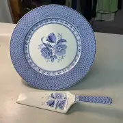 Andrea By safely Blue Rose Porcelain Cake Plate With Server Set