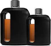 Ragproper Modern Glass Hip Flask - Durable Leather Covered Flask for Whiskey, Spirits, & Other Liquor - Ideal Glass Flask for Men & Women (Single Shot 100ml + Double Shot 240ml, Leather Black)