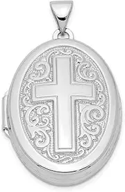[JewelryWeb] 925 Sterling Silver Polished Laser Etched Holds 2 photos Oval Religious Faith Cross Locket 33.4x19.55mm Wide