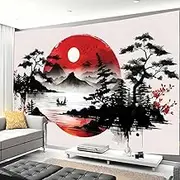 FENDROM Japanese Red and Black Forest Tapestry, Anime Mountain Tree Sun Aesthetic Tapestry Wall Hanging, Cool Asian Dark Nature Landscape Tapestries Ink Art Decor for Living Room College Dorm