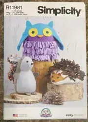 Simplicity Sewing Pattern R11981 Plush Animals Owl Hedgehog Squirrel