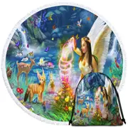 Fairy Tale Forest with a Beautiful Fairy Goddess Round Beach Towel