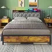 Ufurniture Queen Bed Frame with Headboard Storage, Industrial Metal Bed Base with USB Ports and LED Light, Mattress Platform with Charging Station, Bedroom Furniture