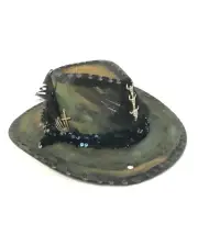 Tazzles 1of Custom Cowboy Fedora Hat-sequin Band, Feather, Cross-Hand Painted.