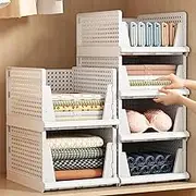 5 Pack Stackable Plastic Storage Basket, Foldable Closet Organizers and Storage Box Bins Drawer Shelf Storage Container for Cupboard Wardrobe Kitchen Bathroom Office