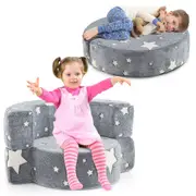 Babyjoy 2-in-1 Glow in the Dark Kids Sofa Convertible Couch Chair w/Removable Cover Star Play Mat Grey