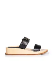 Black Leather Chain Detail Wedge Slides