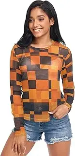 [ODAWA] Checkered Orange Black Squares Long Sleeve Sheer Blouse Mesh Crop Tops for Women Girls