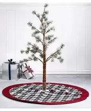 Glitzhome Plaid Fabric Christmas Tree Skirt with Red Trim. NEW